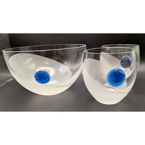 Vtg Scancrystal Cobalt Blue Circle Frosted Clear Bowl, 2 Glasses Estonia Czech
